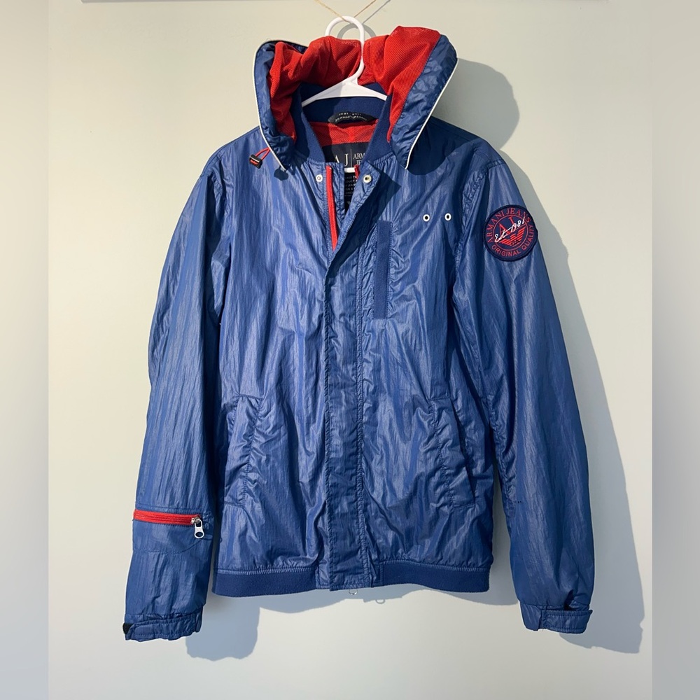 Armani Jeans Blue Windbreaker Jacket with Red Accents, Medium